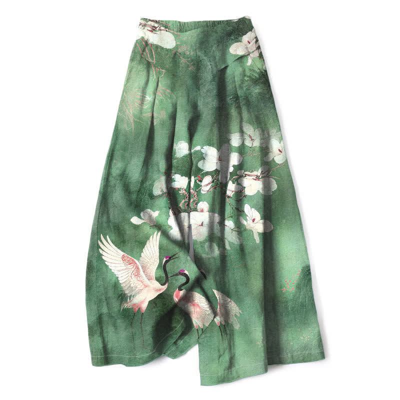 Buddha Stones Cotton Linen Crane White Floral Pattern Women's Elastic Waist Wide Leg Pants With Pockets - SeaGreen - US16,UK/AU20,EU48 (3XL) - image 0