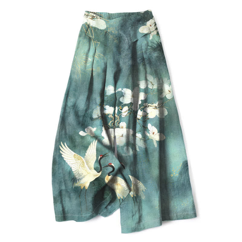 Buddha Stones Cotton Linen Crane White Floral Pattern Women's Elastic Waist Wide Leg Pants With Pockets - CadetBlue - US16,UK/AU20,EU48 (3XL) - image 4