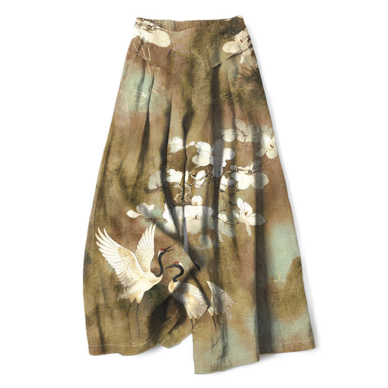 Buddha Stones Cotton Linen Crane White Floral Pattern Women's Elastic Waist Wide Leg Pants With Pockets - DarkKhaki - US16,UK/AU20,EU48 (3XL) - image 6