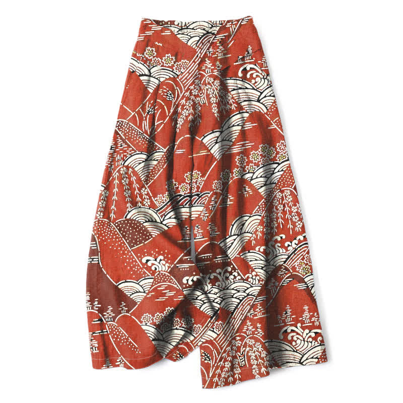Buddha Stones Cotton Linen Japanese Wave Pattern Women's Elastic Waist Wide Leg Pants With Pockets - IndianRed - US16,UK/AU20,EU48 (3XL) - image 0