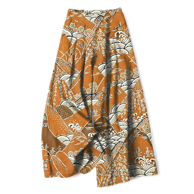 Buddha Stones Cotton Linen Japanese Wave Pattern Women's Elastic Waist Wide Leg Pants With Pockets - Goldenrod - US16,UK/AU20,EU48 (3XL) - image 4
