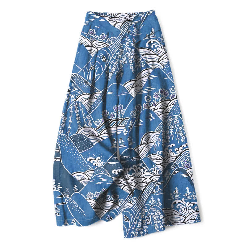 Buddha Stones Cotton Linen Japanese Wave Pattern Women's Elastic Waist Wide Leg Pants With Pockets - CornflowerBlue - US16,UK/AU20,EU48 (3XL) - image 6