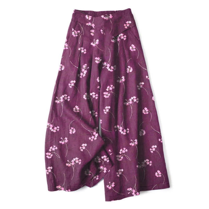 Buddha Stones Cotton Linen Floral Bouquet Pattern Women's Elastic Waist Wide Leg Pants With Pockets - Purple - US16,UK/AU20,EU48 (3XL) - image 4