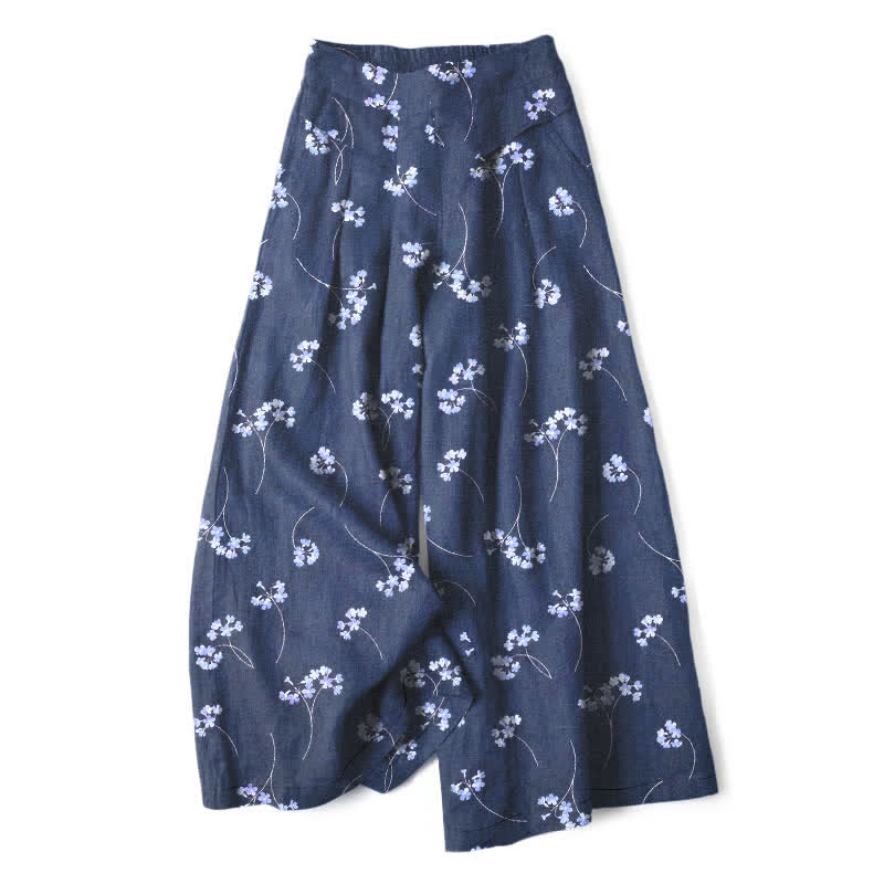 Buddha Stones Cotton Linen Floral Bouquet Pattern Women's Elastic Waist Wide Leg Pants With Pockets - SteelBlue - US16,UK/AU20,EU48 (3XL) - image 6