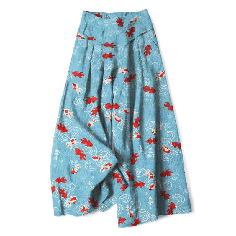 Buddha Stones Cotton Linen Koi Fish Pattern Women's Elastic Waist Wide Leg Pants With Pockets - LightSkyBlue - US16,UK/AU20,EU48 (3XL) - image 0