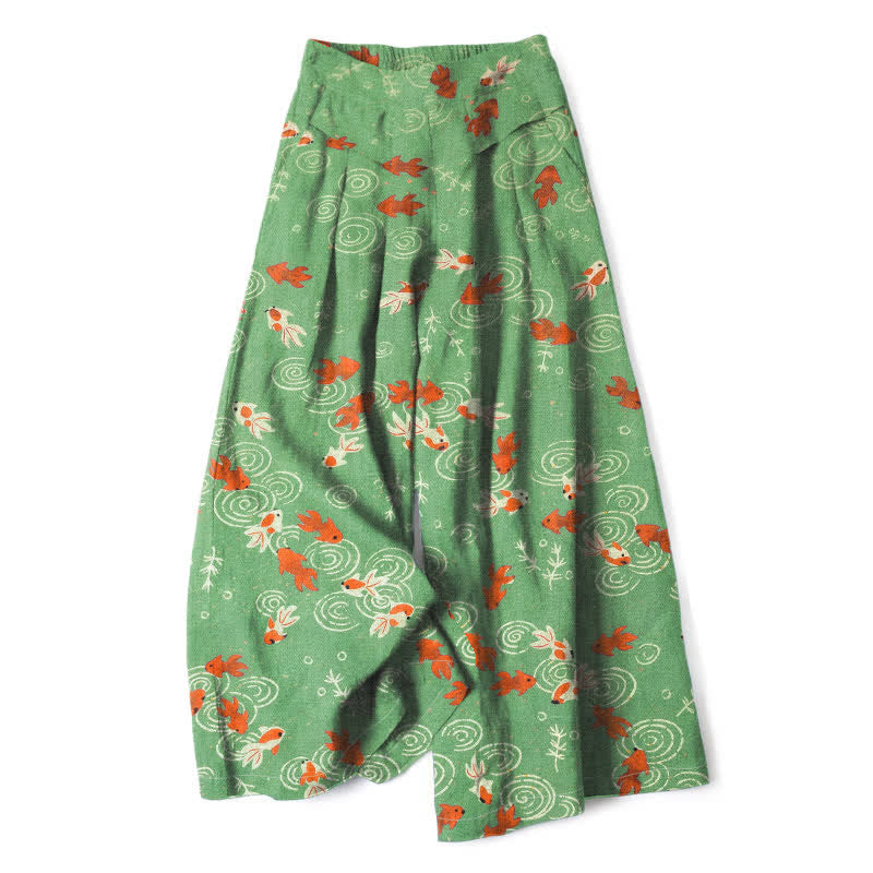 Buddha Stones Cotton Linen Koi Fish Pattern Women's Elastic Waist Wide Leg Pants With Pockets - LimeGreen - US16,UK/AU20,EU48 (3XL) - image 4