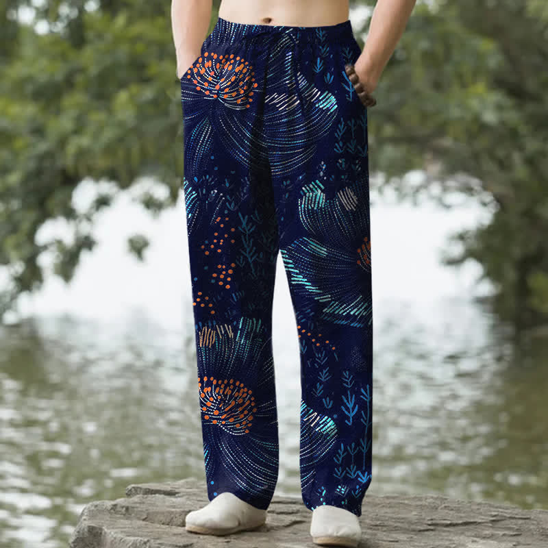 Buddha Stones Cotton Blooming Floral Pattern Men's Tapered Pants With Pockets - Navy - US/UK/AU50,EU60 (5XL) - image 0