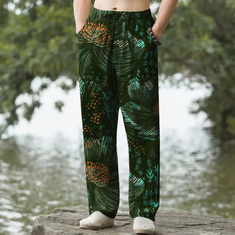 Buddha Stones Cotton Blooming Floral Pattern Men's Tapered Pants With Pockets - DarkGreen - US/UK/AU50,EU60 (5XL) - image 6