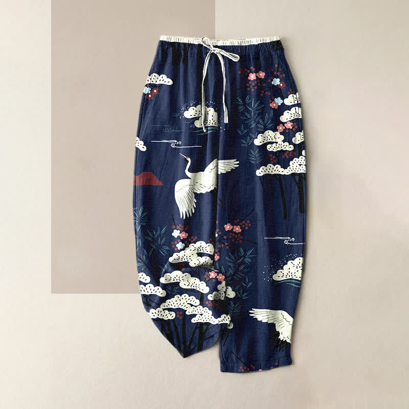Buddha Stones Pure Cotton Graceful Crane And White Tree Pattern Women's Elastic Waist Pants With Pockets - Navy - US16,UK/AU20,EU48 (3XL) - image 0