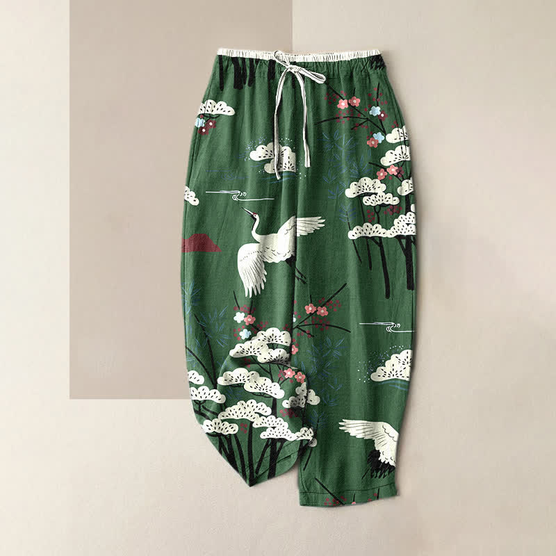 Buddha Stones Pure Cotton Graceful Crane And White Tree Pattern Women's Elastic Waist Pants With Pockets - ForestGreen - US16,UK/AU20,EU48 (3XL) - image 4