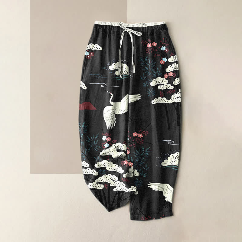 Buddha Stones Pure Cotton Graceful Crane And White Tree Pattern Women's Elastic Waist Pants With Pockets - Black - US16,UK/AU20,EU48 (3XL) - image 5