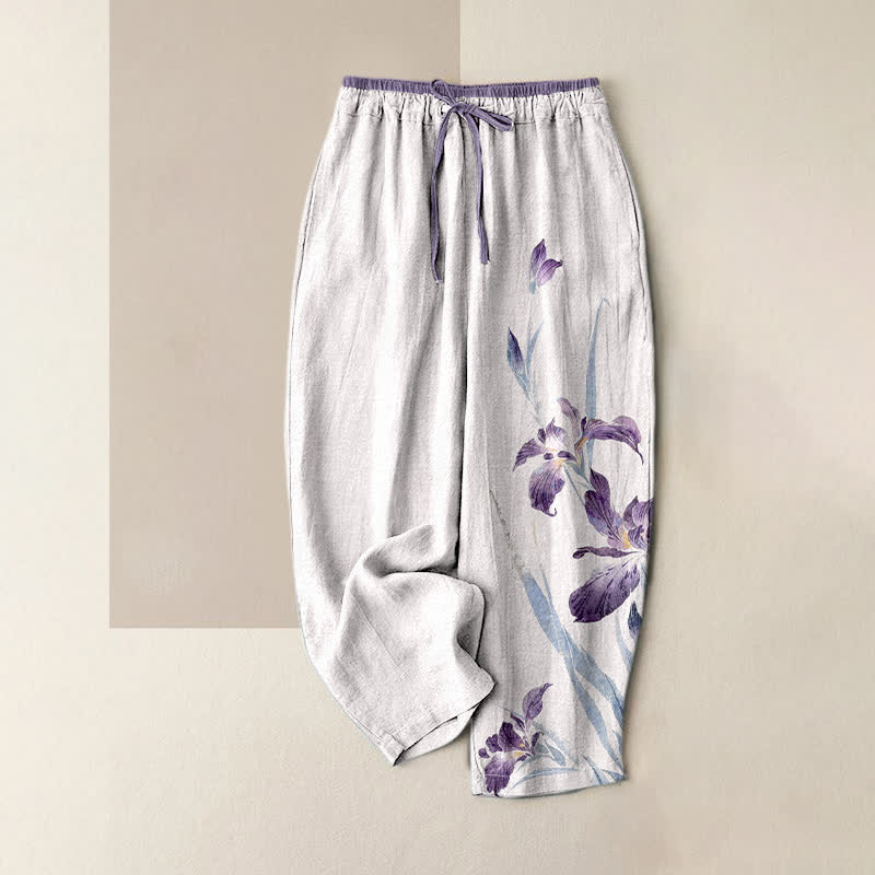 Buddha Stones Pure Cotton Graceful Iris Pattern Women's Elastic Waist Pants With Pockets - WhiteSmoke - US16,UK/AU20,EU48 (3XL) - image 0