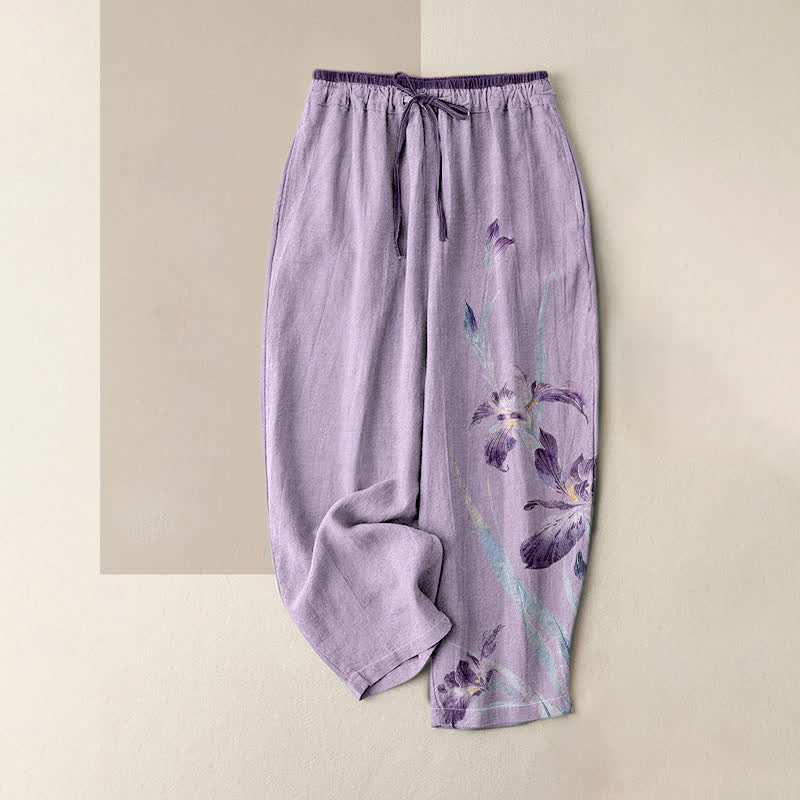 Buddha Stones Pure Cotton Graceful Iris Pattern Women's Elastic Waist Pants With Pockets - Lavender - US16,UK/AU20,EU48 (3XL) - image 3