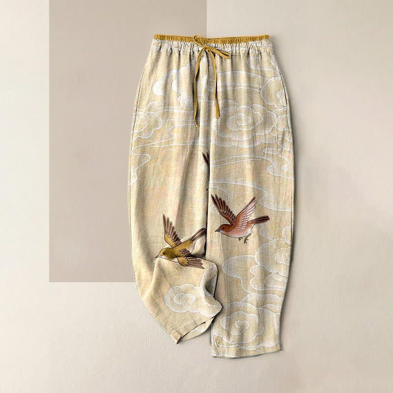 Buddha Stones Pure Cotton Cloud and Flying Bird Pattern Women's Elastic Waist Pants With Pockets - LemonChiffon - US16,UK/AU20,EU48 (3XL) - image 0