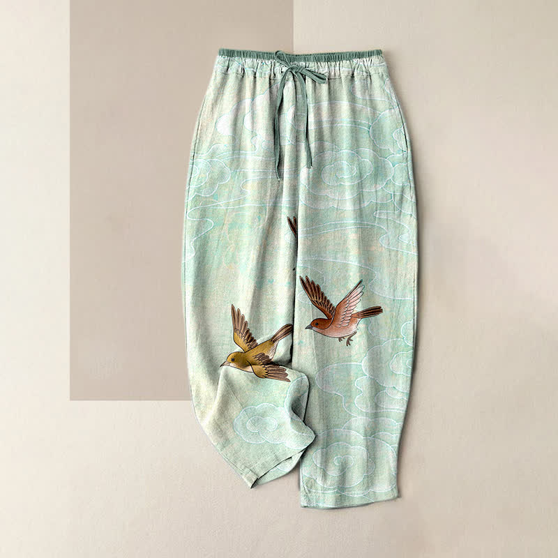 Buddha Stones Pure Cotton Cloud and Flying Bird Pattern Women's Elastic Waist Pants With Pockets - PaleTurquoise - US16,UK/AU20,EU48 (3XL) - image 3
