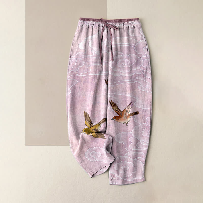 Buddha Stones Pure Cotton Cloud and Flying Bird Pattern Women's Elastic Waist Pants With Pockets - Plum - US16,UK/AU20,EU48 (3XL) - image 4