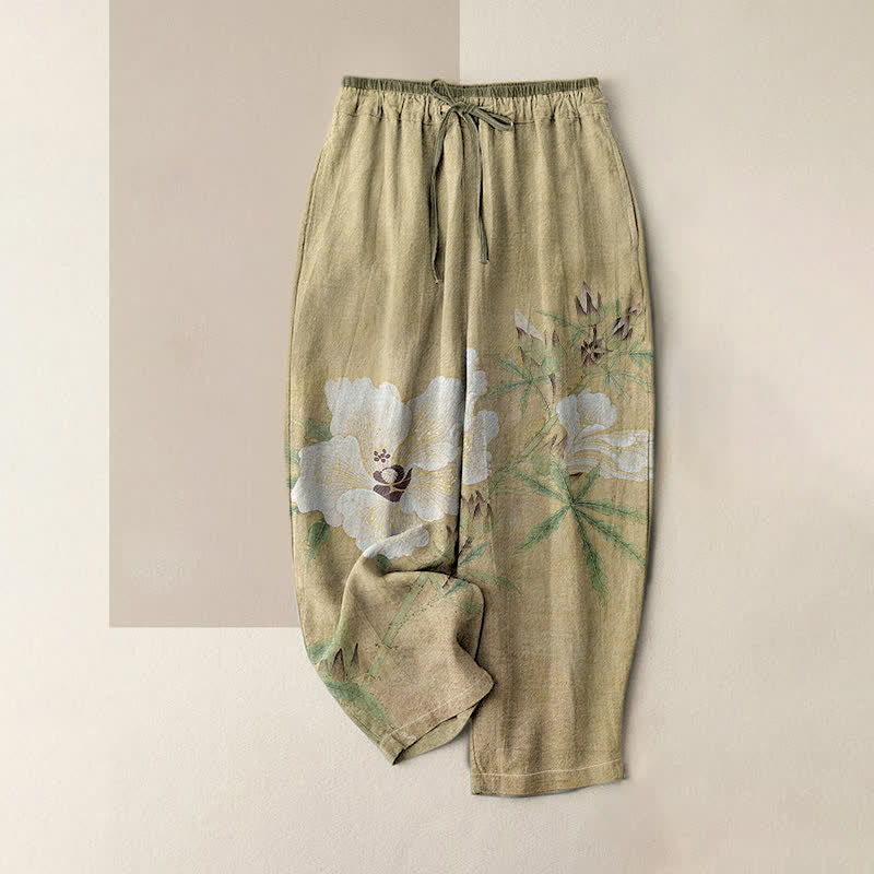 Buddha Stones Pure Cotton White Floral Leaf Pattern Women's Elastic Waist Pants With Pockets - DarkKhaki - US16,UK/AU20,EU48 (3XL) - image 0