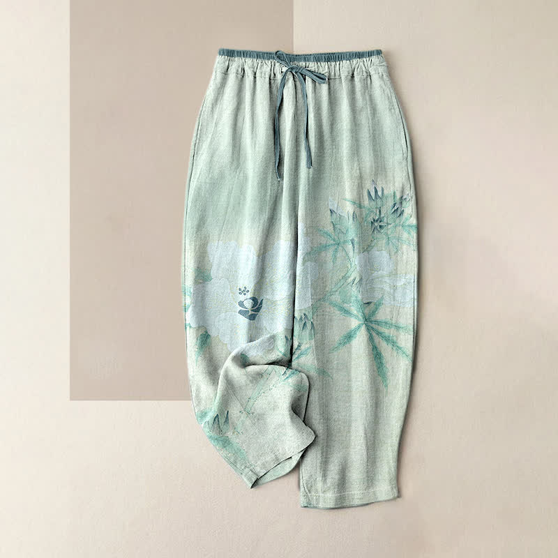 Buddha Stones Pure Cotton White Floral Leaf Pattern Women's Elastic Waist Pants With Pockets - LightCyan - US16,UK/AU20,EU48 (3XL) - image 3