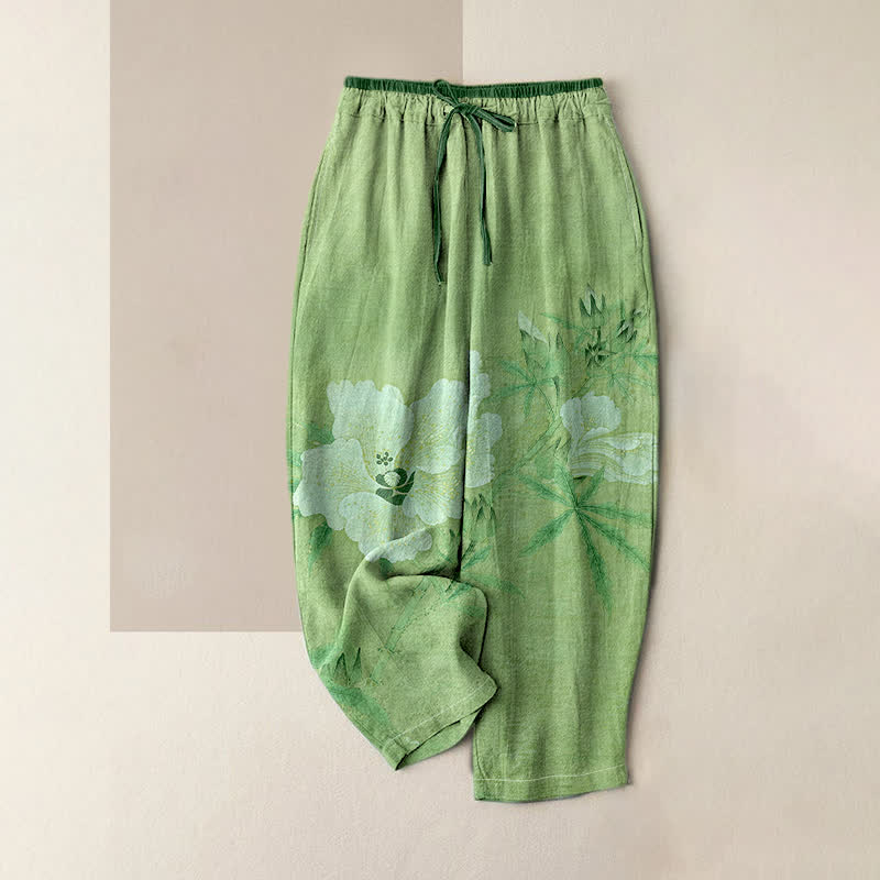 Buddha Stones Pure Cotton White Floral Leaf Pattern Women's Elastic Waist Pants With Pockets - LightGreen - US16,UK/AU20,EU48 (3XL) - image 4