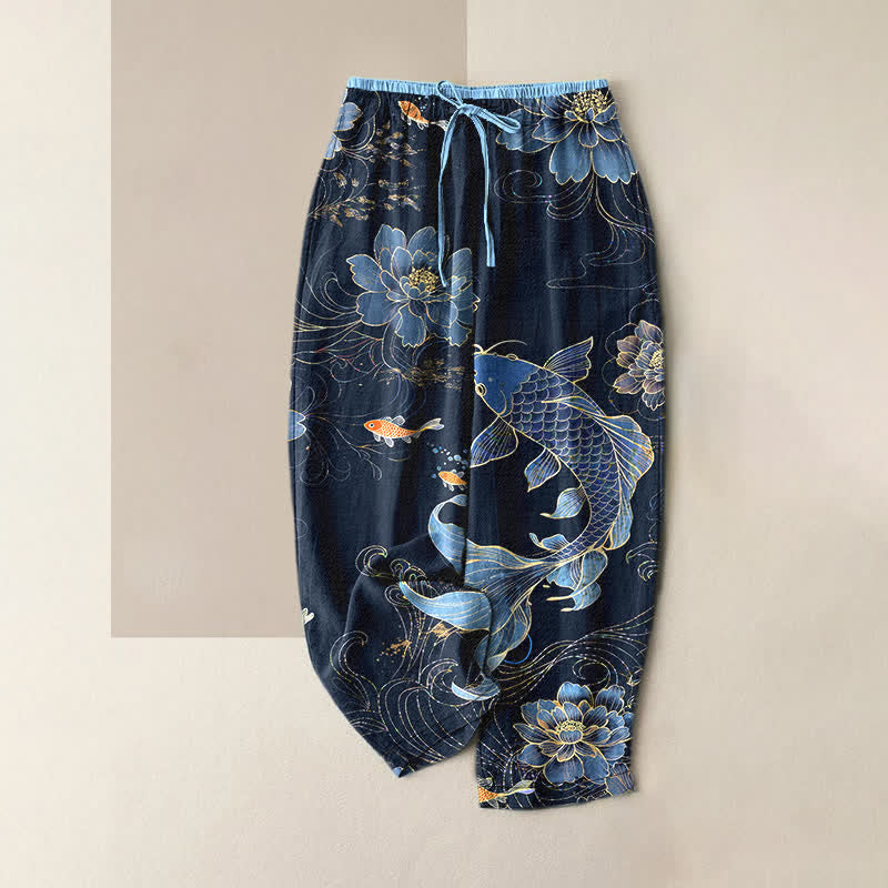 Buddha Stones Pure Cotton Koi Fish Lotus Pattern Women's Elastic Waist Pants With Pockets - Navy - US16,UK/AU20,EU48 (3XL) - image 0