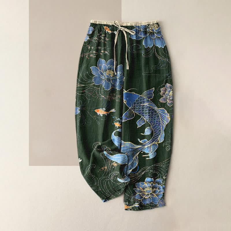 Buddha Stones Pure Cotton Koi Fish Lotus Pattern Women's Elastic Waist Pants With Pockets - DarkGreen - US16,UK/AU20,EU48 (3XL) - image 4