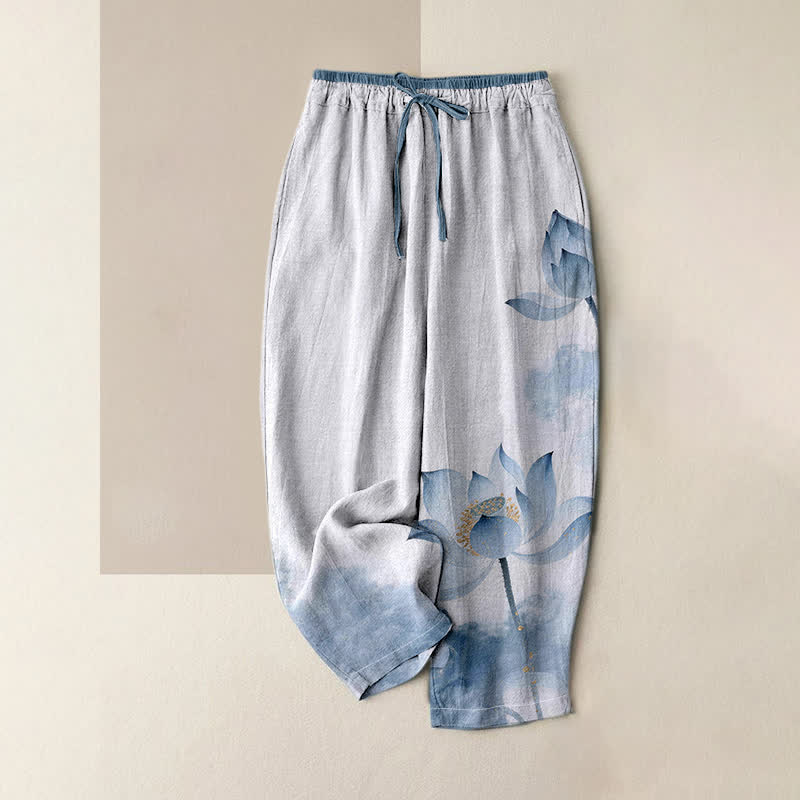 Buddha Stones Pure Cotton Lotus Ink Pattern Women's Elastic Waist Pants With Pockets - LightBlue - US16,UK/AU20,EU48 (3XL) - image 0