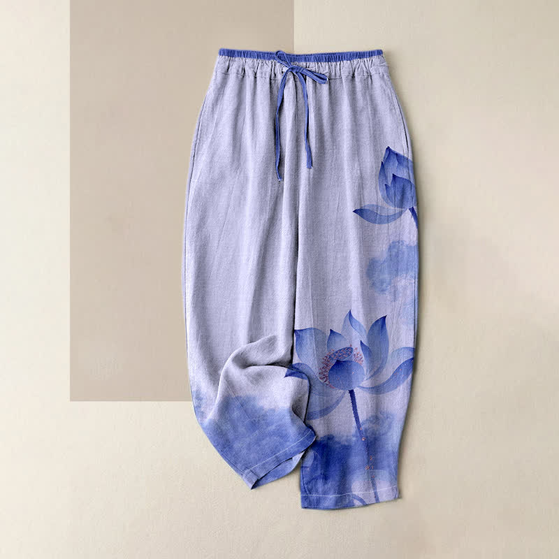 Buddha Stones Pure Cotton Lotus Ink Pattern Women's Elastic Waist Pants With Pockets - MediumSlateBlue - US16,UK/AU20,EU48 (3XL) - image 3