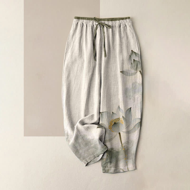 Buddha Stones Pure Cotton Lotus Ink Pattern Women's Elastic Waist Pants With Pockets - Linen - US16,UK/AU20,EU48 (3XL) - image 4