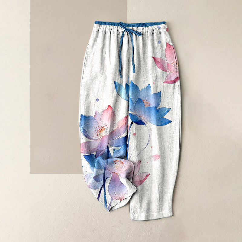 Buddha Stones Pure Cotton Watercolor Lotus Pattern Women's Elastic Waist Pants With Pockets - White - US16,UK/AU20,EU48 (3XL) - image 0