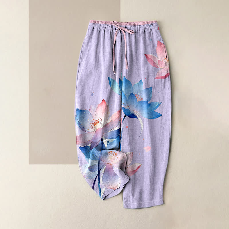 Buddha Stones Pure Cotton Watercolor Lotus Pattern Women's Elastic Waist Pants With Pockets - Lavender - US16,UK/AU20,EU48 (3XL) - image 3