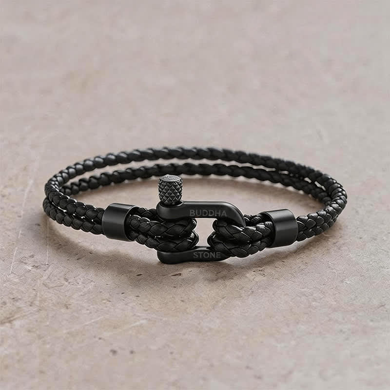 Buddha Stones Titanium Steel Shackle Leather Double Wrap Stimulation Bracelet - Black Rope Black Buckle - Wrist Circumference:7.9–8.2 in (20–21 cm) - image 10