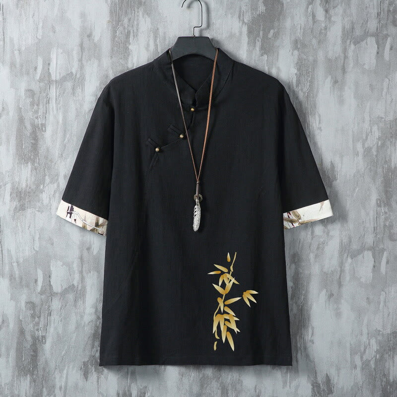 Buddha Stones Summer Tang Style Casual Frog Button Bamboo Men's Short Sleeve Shirts - Black - US/UK/AU46,EU56 (5XL) - image 1