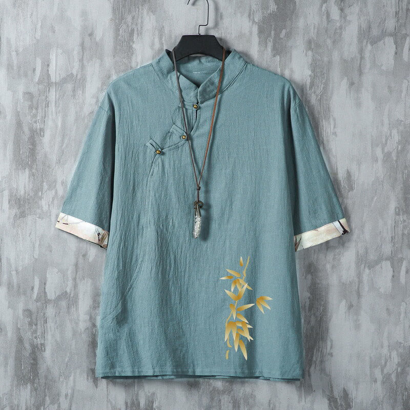 Buddha Stones Summer Tang Style Casual Frog Button Bamboo Men's Short Sleeve Shirts - CadetBlue - US/UK/AU46,EU56 (5XL) - image 0
