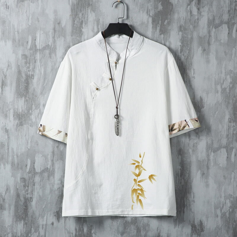 Buddha Stones Summer Tang Style Casual Frog Button Bamboo Men's Short Sleeve Shirts - White - US/UK/AU46,EU56 (5XL) - image 2