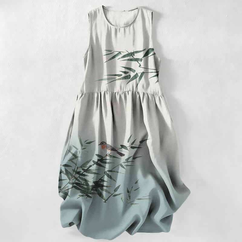 Buddha Stones Summer Casual Bamboo Bird Pattern Women's Summer Sleeveless Midi Dress With Pockets - AliceBlue - US16,UK/AU20,EU48 (3XL) - image 0
