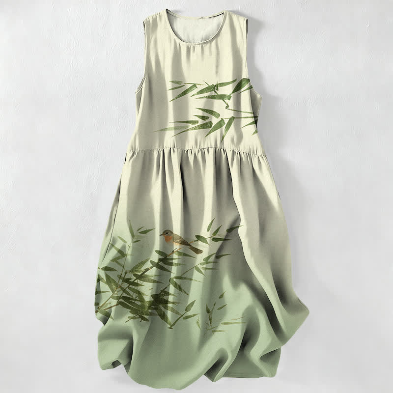 Buddha Stones Summer Casual Bamboo Bird Pattern Women's Summer Sleeveless Midi Dress With Pockets - PaleGreen - US16,UK/AU20,EU48 (3XL) - image 5