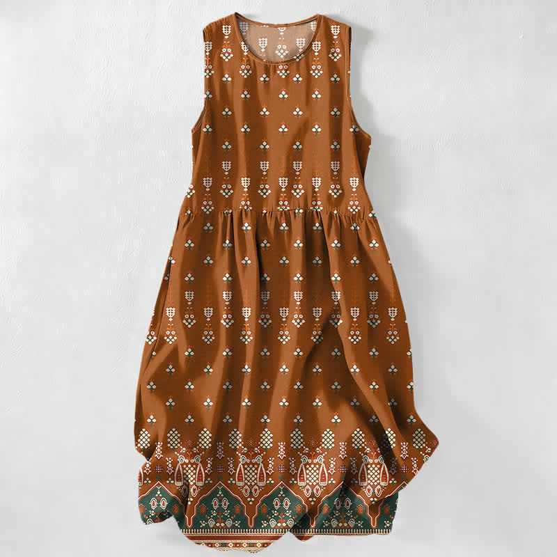 Buddha Stones Summer Casual Bohemian Geometric Floral Border Pattern Women's Summer Sleeveless Midi Dress With Pockets - Peru - US16,UK/AU20,EU48 (3XL) - image 0