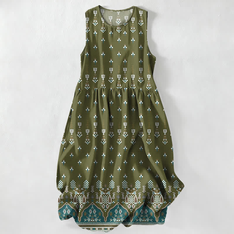Buddha Stones Summer Casual Bohemian Geometric Floral Border Pattern Women's Summer Sleeveless Midi Dress With Pockets - Olive - US16,UK/AU20,EU48 (3XL) - image 4