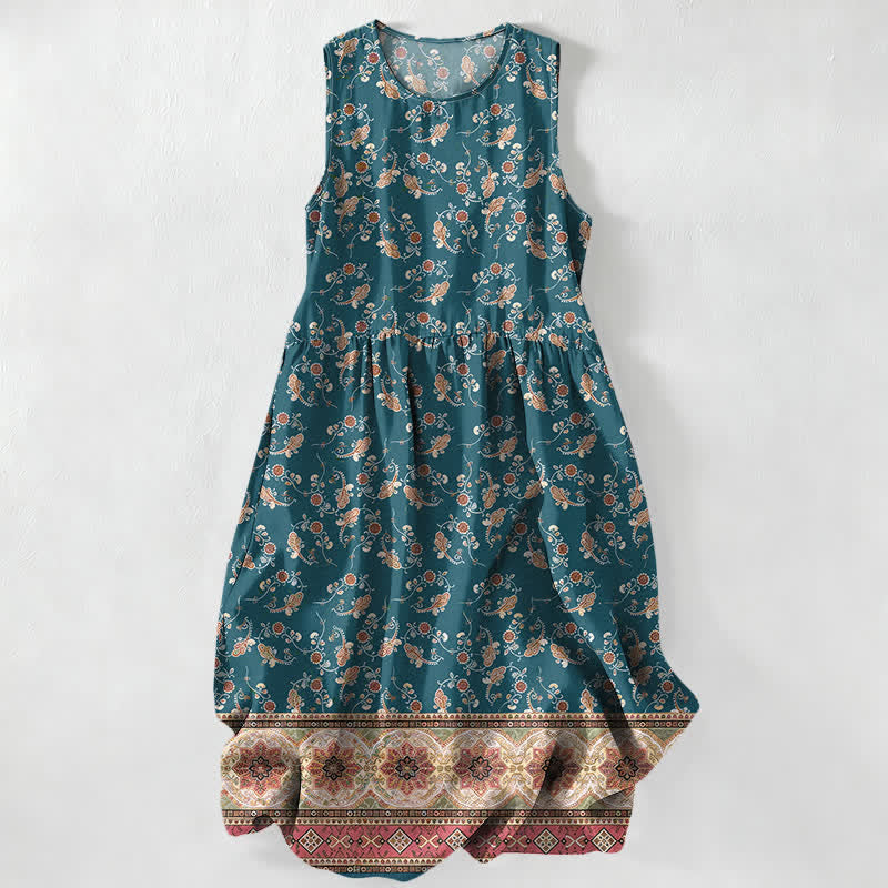 Buddha Stones Summer Casual Floral Vine Border Pattern Women's Summer Sleeveless Midi Dress With Pockets - Teal - US16,UK/AU20,EU48 (3XL) - image 0