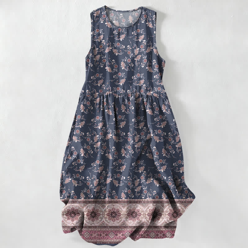Buddha Stones Summer Casual Floral Vine Border Pattern Women's Summer Sleeveless Midi Dress With Pockets - SlateGray - US16,UK/AU20,EU48 (3XL) - image 4
