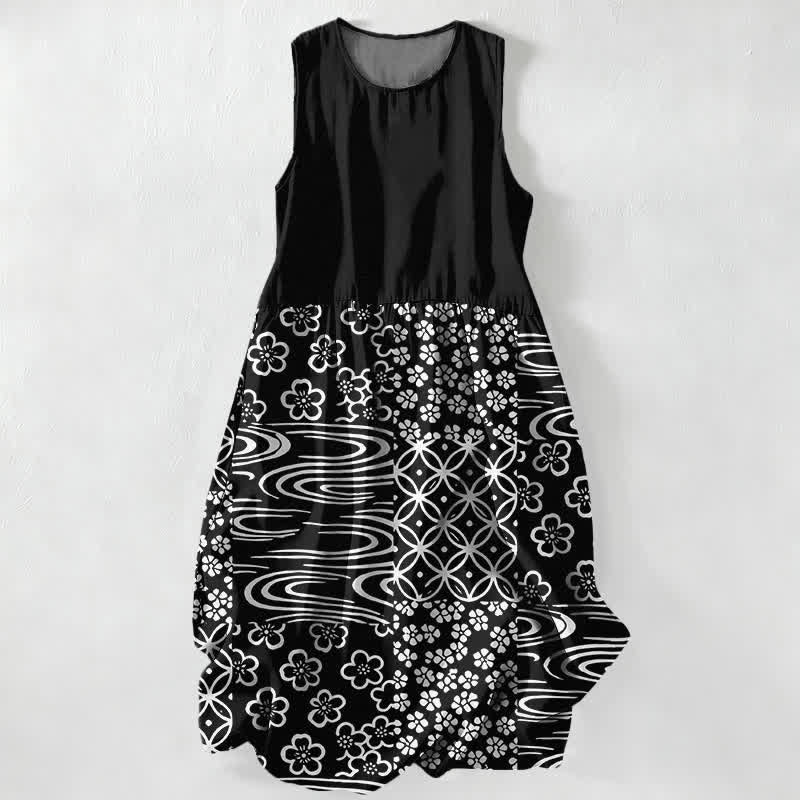 Buddha Stones Summer Casual Wave Floral Patchwork Pattern Women's Summer Sleeveless Midi Dress With Pockets - Black - US16,UK/AU20,EU48 (3XL) - image 0