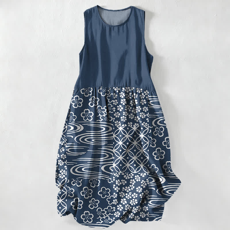Buddha Stones Summer Casual Wave Floral Patchwork Pattern Women's Summer Sleeveless Midi Dress With Pockets - Navy - US16,UK/AU20,EU48 (3XL) - image 4