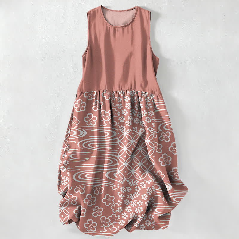 Buddha Stones Summer Casual Wave Floral Patchwork Pattern Women's Summer Sleeveless Midi Dress With Pockets - LightCoral - US16,UK/AU20,EU48 (3XL) - image 5