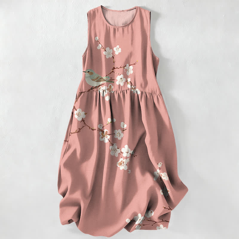 Buddha Stones Summer Casual Blossom Bird Branches Pattern Women's Summer Sleeveless Midi Dress With Pockets - LightPink - US16,UK/AU20,EU48 (3XL) - image 0