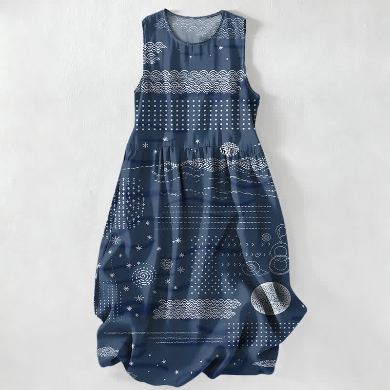 Buddha Stones Summer Casual Celestial Geometric Waves Pattern Women's Summer Sleeveless Midi Dress With Pockets - Navy - US16,UK/AU20,EU48 (3XL) - image 0