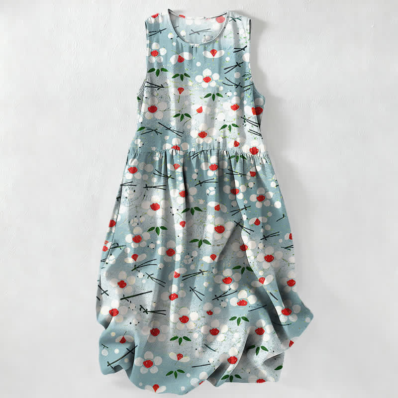 Buddha Stones Summer Casual Wildflower Berry Branch Pattern Women's Summer Sleeveless Midi Dress With Pockets - PaleTurquoise - US16,UK/AU20,EU48 (3XL) - image 0