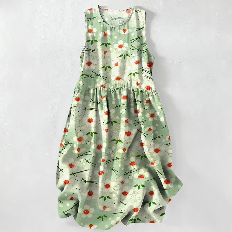 Buddha Stones Summer Casual Wildflower Berry Branch Pattern Women's Summer Sleeveless Midi Dress With Pockets - PaleGreen - US16,UK/AU20,EU48 (3XL) - image 4