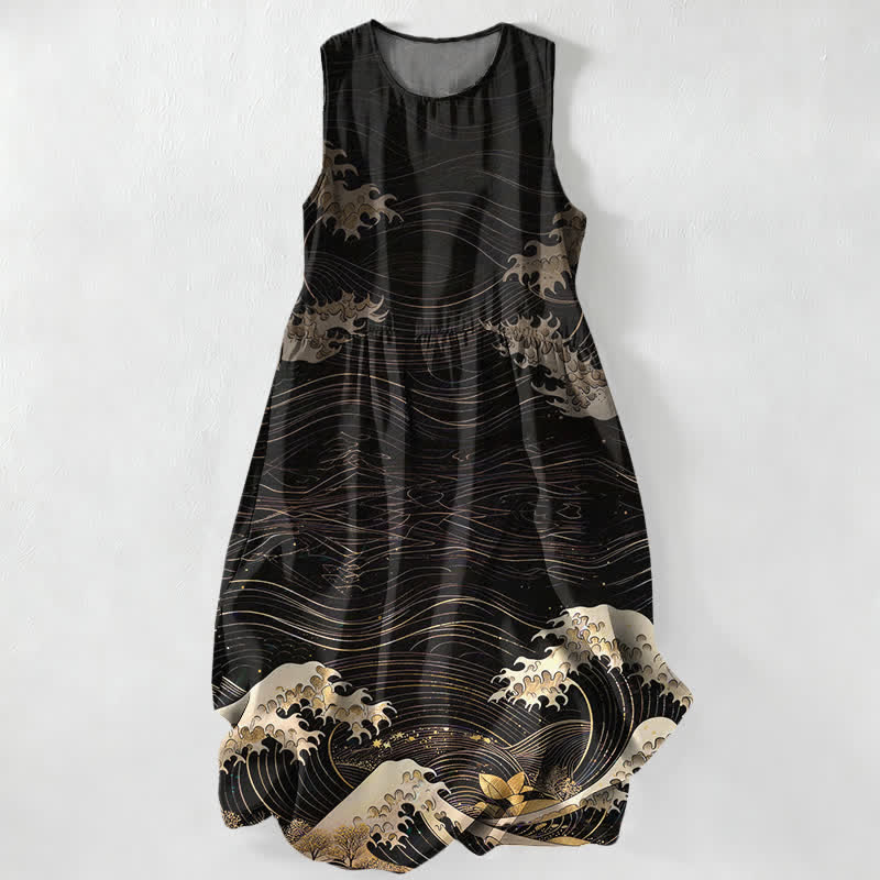 Buddha Stones Summer Casual Ukiyoe Ocean Waves Pattern Women's Summer Sleeveless Midi Dress With Pockets - Black - US16,UK/AU20,EU48 (3XL) - image 0