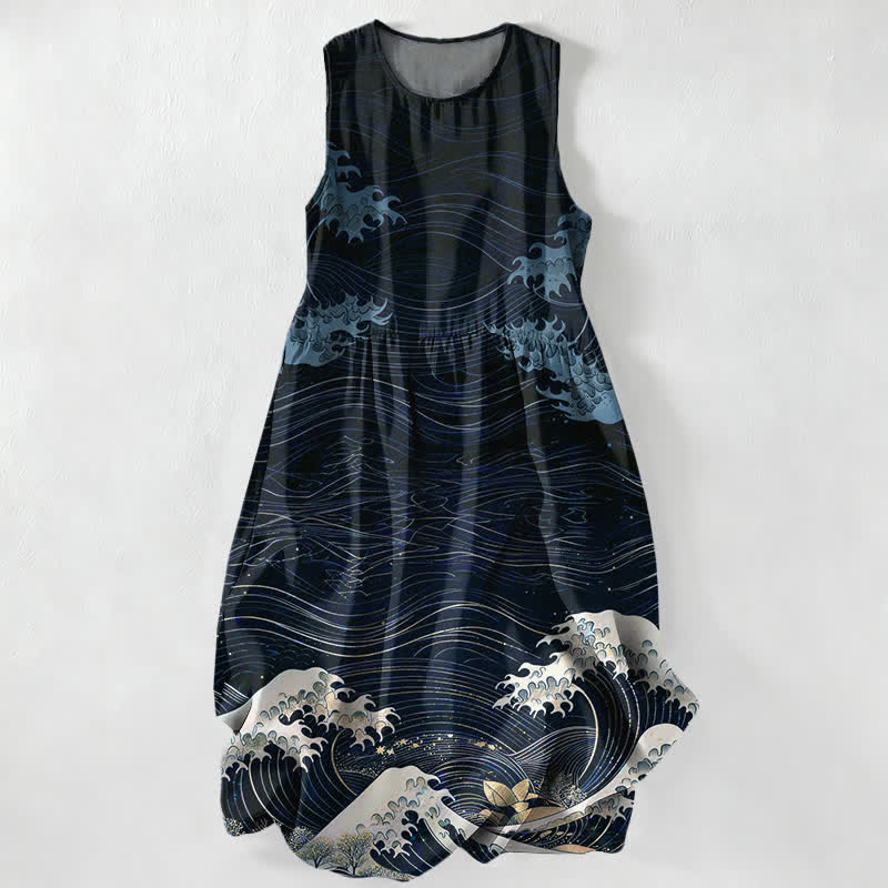 Buddha Stones Summer Casual Ukiyoe Ocean Waves Pattern Women's Summer Sleeveless Midi Dress With Pockets - Navy - US16,UK/AU20,EU48 (3XL) - image 4