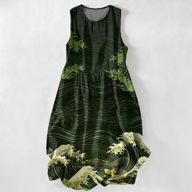 Buddha Stones Summer Casual Ukiyoe Ocean Waves Pattern Women's Summer Sleeveless Midi Dress With Pockets - DarkGreen - US16,UK/AU20,EU48 (3XL) - image 5